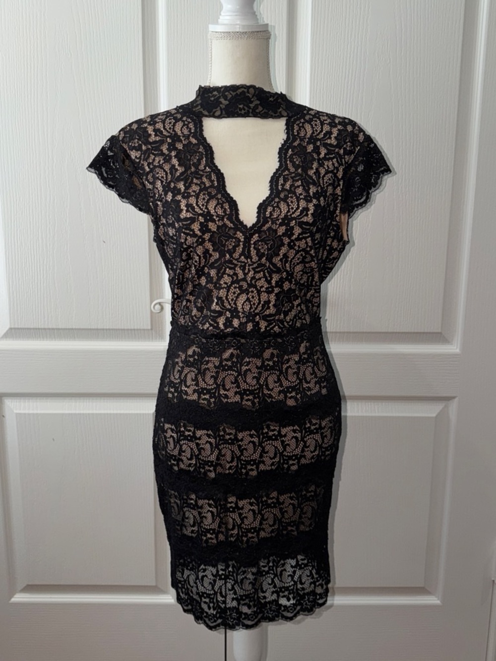 bebe Black Lace Cutout V-Neck Mini Dress